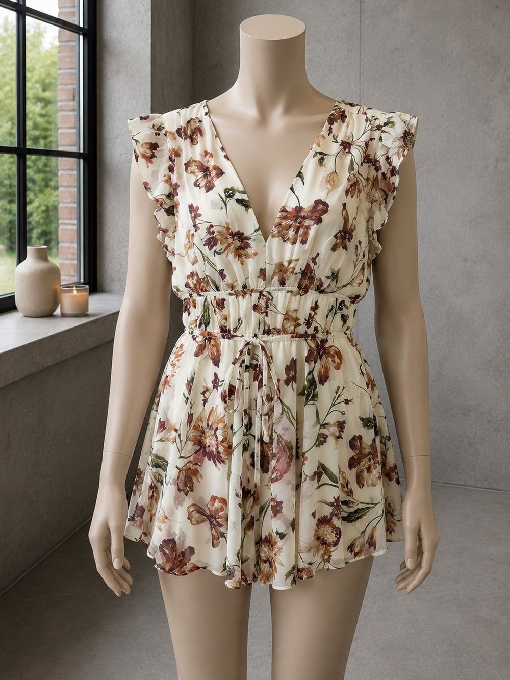 Lulus Floral Print Flowy Romper V-Neck Tie Waist Size L